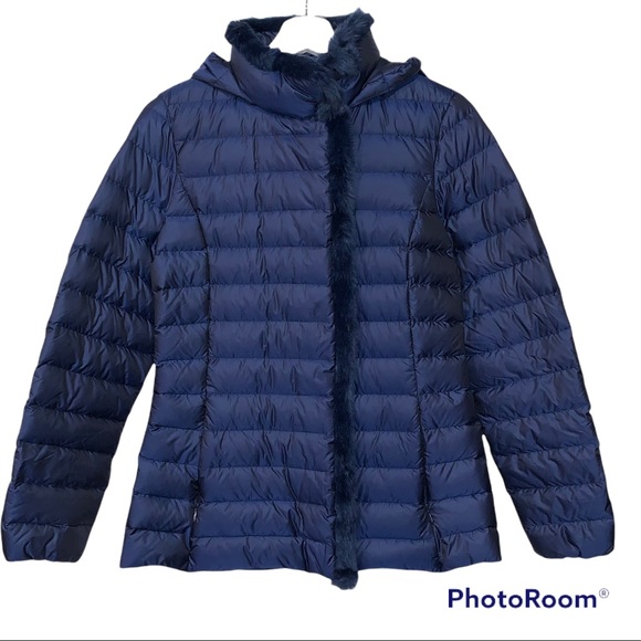 Cole Haan Down Quilted Puffer Hooded Jacket Faux Fur Trim Iridescent Blue Sz XS - Picture 7 of 16